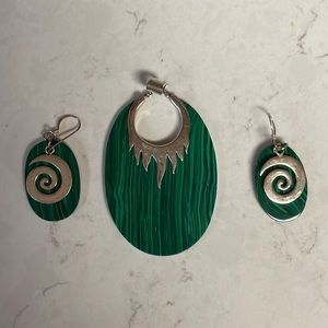 Jade in color green and silver necklace and earrings set. No chain.